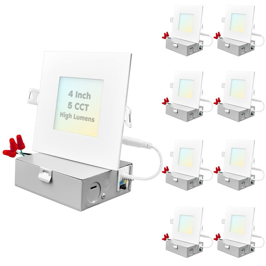 Luxrite 4" Ultra Thin LED Square Recessed Light J-Box, 12W, 5 Color Selectable, 950 Lumens, Dimmable, Wet Rated 8 Pack