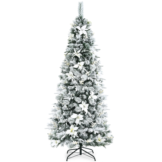 Costway 7ft Snow Flocked Christmas Pencil Tree w/ Berries & Poinsettia - See details