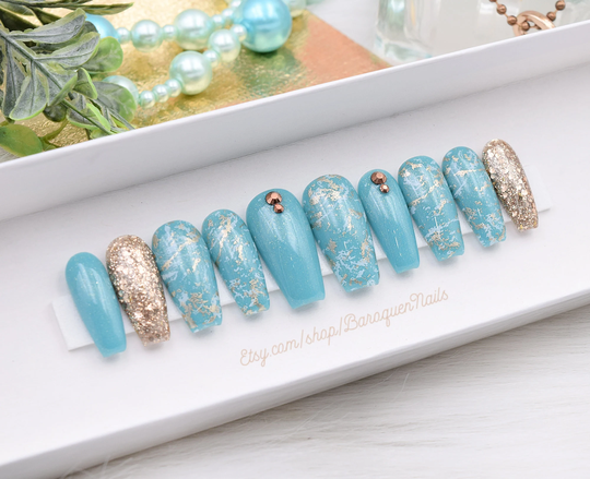 Jade Stone Press On Nails Teal & Gold Marble Effect Turquoise Fake Nails, Watercolor Swirl Gemstone, Glue False Set