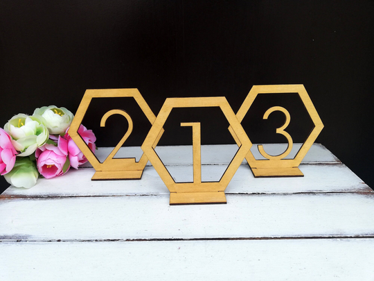 Wedding Table Number, Gold Numbers, Hexagon Name, Table Decoration, Wood Numbers With Base
