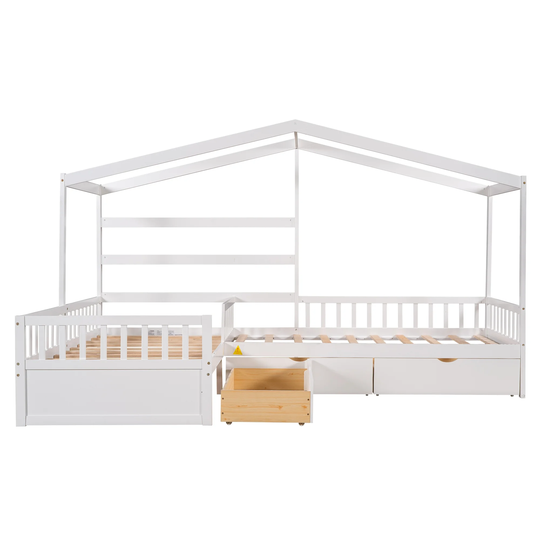 Twin Size L-Shaped 3 Drawer Storage Platform Bed Fence-Style House Bed, 117.5''L*78.5''W*69.7''H, 178LBS