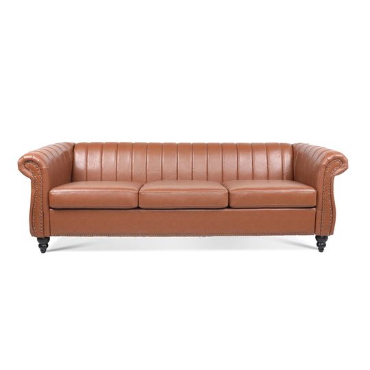 Modern PU Rolled Arm Chesterfield Sofa 84" Three Seater Sofa for Living Room