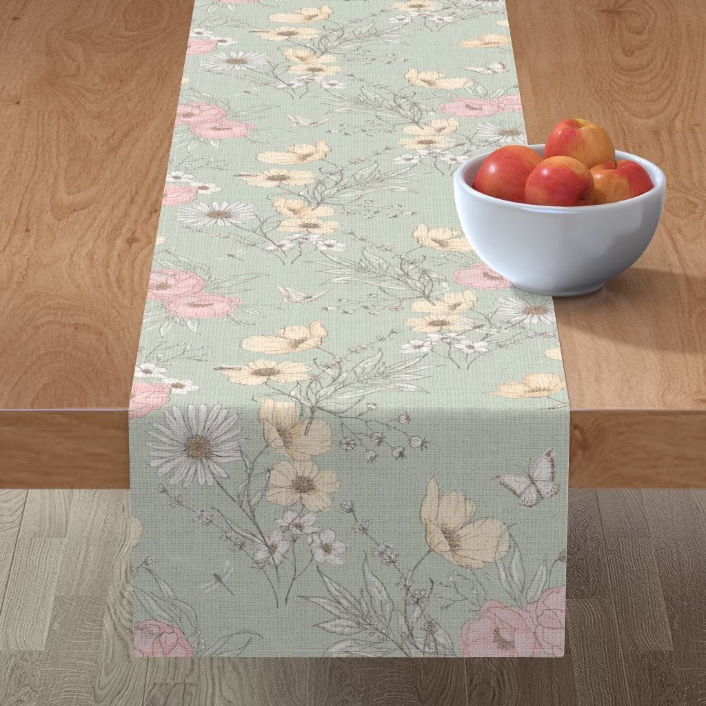 Pastel Botanical Table Runner - Spring By Sugarpinedesign Earth Tones Sage Eucalyptus Cotton Sateen Spoonflower