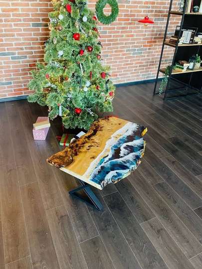 Resin Coffee Table, Live Edge Wooden Natural Epoxy Blue Desk, Beach Ocean Tables