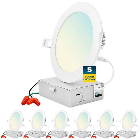 Sunperian 6 inch Ultra-Thin LED Recessed Light J-Box 5 Color Options 12W 1000 Lumens Dimmable Wet Rated ETL 6 Pack