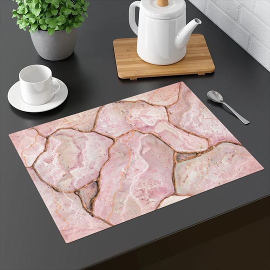 Peaches & Dreams Placemat, Pink Table Mat, Desk Cotton Place Kitchen Kintsugi Art Decor, Rose Quartz Geode Mat