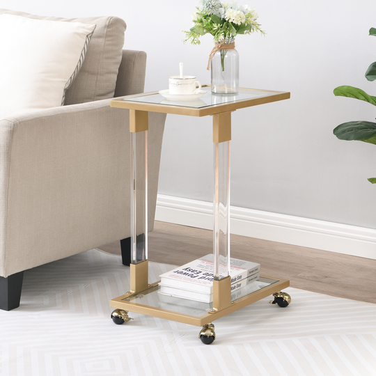 Glass Side Table Acrylic End Table, Glass Top C Shape Square Table with Metal Base
