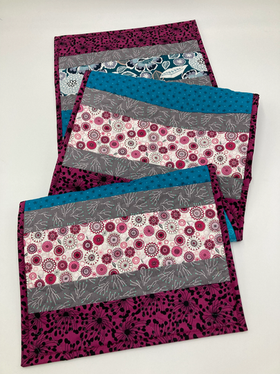 Blue Gray Plum Modern Quilted Table Runner, 14x56" Dining Coffee End Table, Long Farmhouse Kitchen Decor, Dresser Scarf Abstract Reversible