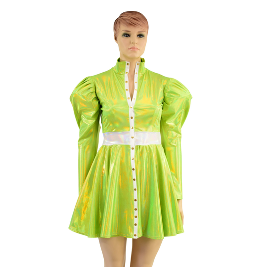 Lime Holographic Turtleneck Skater Dress With Victoria Sleeves & Flashbulb Waistband with Gold Breakaway Snaps From Neck To Hemline.1579257