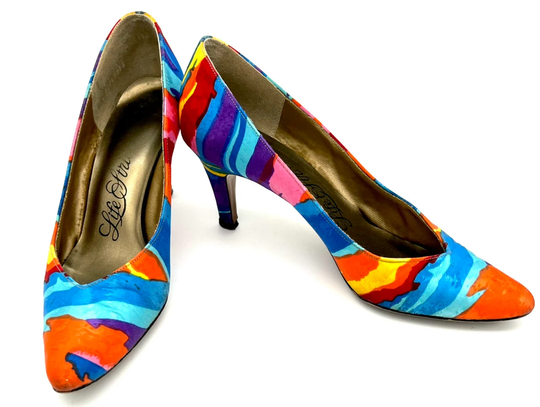 Vintage 1980S Multi-Colored Silk Pumps, 80S Size 7 Silk Heels, Colorful High Heel Pumps