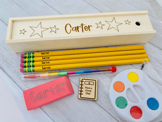 Back To School Pencil Case Personalized Bundle, Pencil, Eraser, & Mini Book Pocket Keepsake, Great For Kids At School
