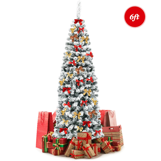 Gymax 6ft Snow Flocked Pencil Christmas Tree Artificial Pine Tree w/ - See Details