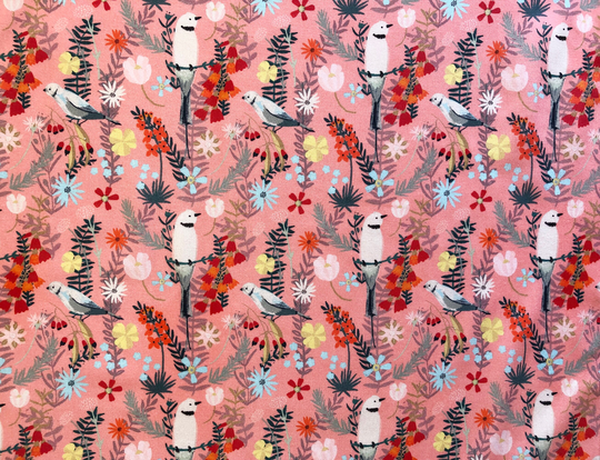 Small Sialis Bird & Flowers Peachy Pink Floral Quilting Cotton Fabric By 1/4, 1/2 Yard Or Fat Quarter