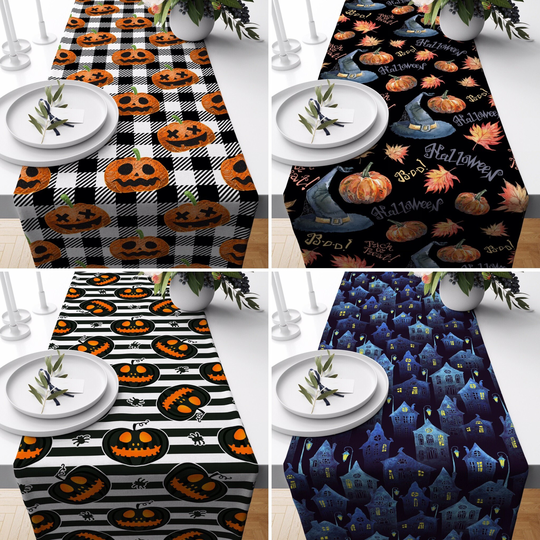 Halloween Table Runner, Black & Orange Carved Pumpkin Tablecloth, Gift, Home Textile, Kitchen Decoration