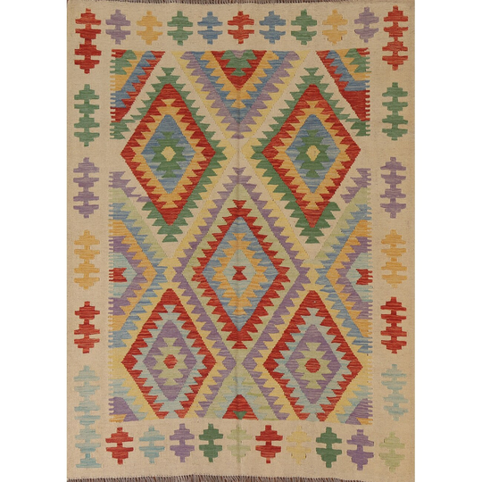 Geometric Colorful Kilim Area Rug Flat-weave Oriental Wool Carpet - 4'11"x 6'6"