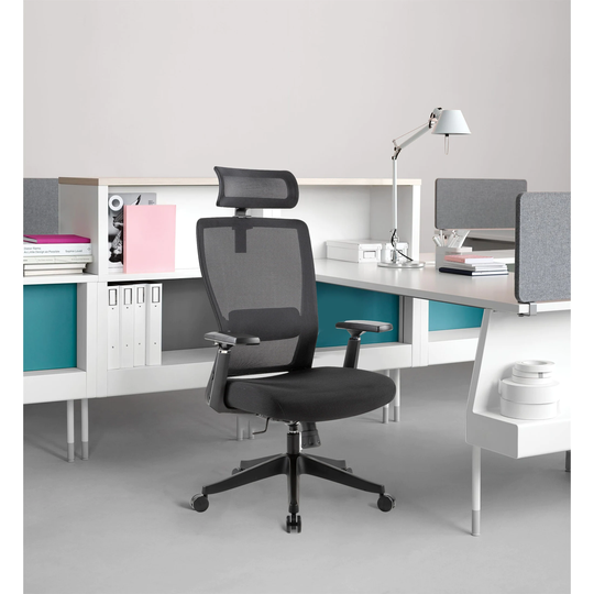 Black Office Chair Headrest Armrest Lumbar Support Height Adjustment
