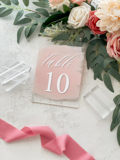 Acrylic Table Numbers, 5"x7" With Stands, Seating Arrangement, Modern Decor, Clear, Frosted, Painted Back, Custom, Script - Anemone