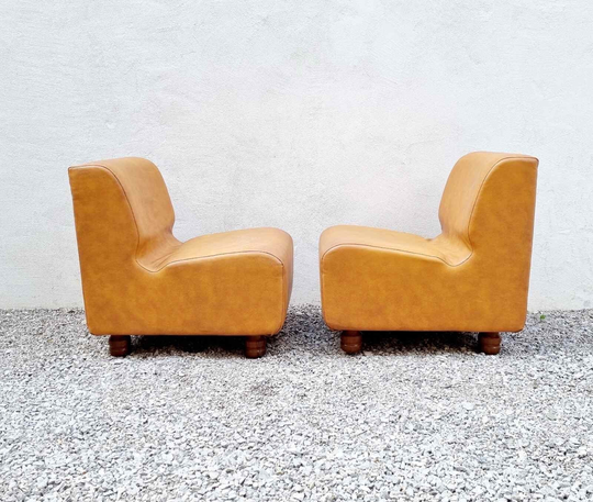 Pair Of Mid Century Sofas/Brown Faux Leather Vintage Chairs Light Small Living Room Furniture Italy "60S