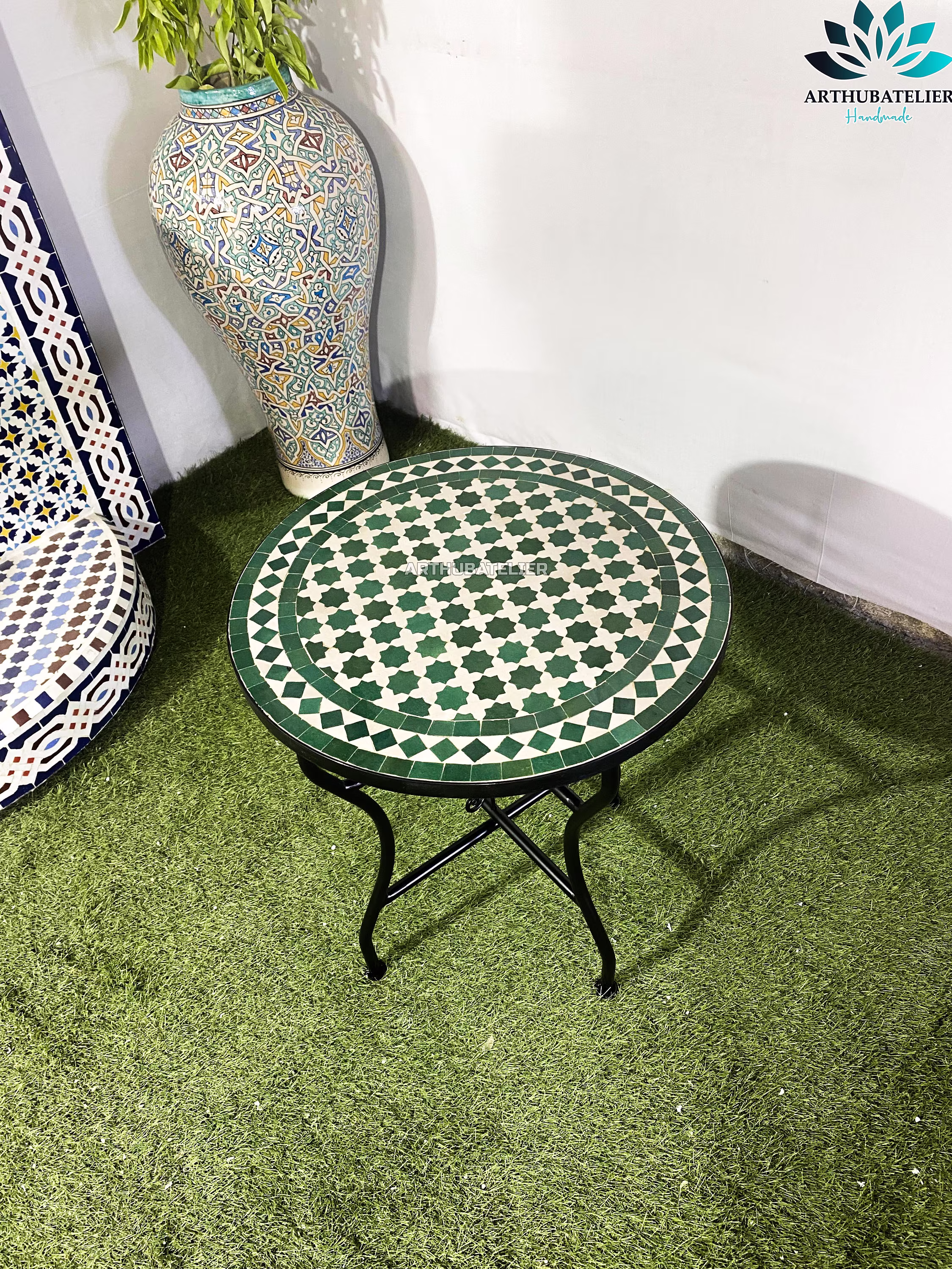 Mosaic Table Green 100% Handcrafted For Outdoor & Indoor, Customizable Colors, Mid Century Crafts