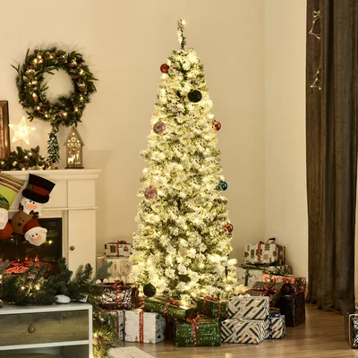 5' 10" H Slender White/Green Flocked Christmas Tree with 250 LED Lights