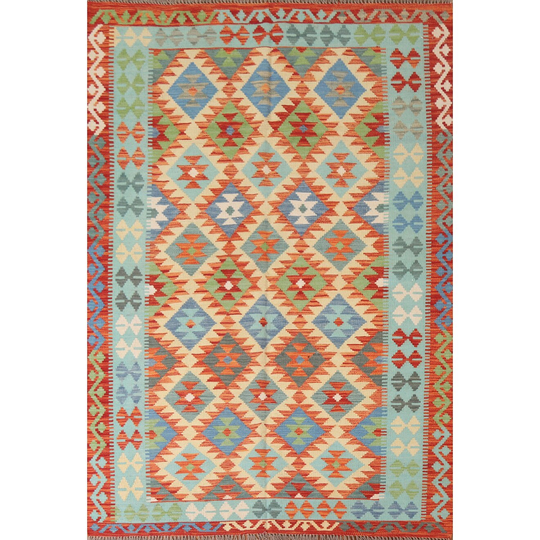 Colorful Kilim Area Rug Hand-woven Reversible Wool Carpet - 4'11" x 6'10"
