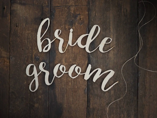 Bride + Groom Sign, Chair Back Signs, Wedding Calligraphy Decor, Laser Cut Words, Wooden, Wood, For Wedded Couple