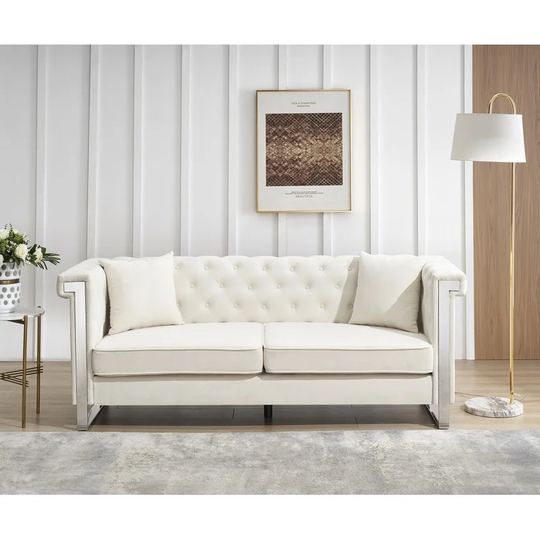 Button sofa chenille fabric living room 3-person sofa with 2 pillows