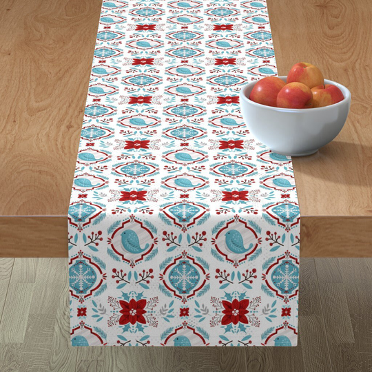 Poinsettia Snowflake Table Runner - Winter Floral Dream By Beatitudesdesign Pink Blue Snowflakes Cotton Sateen Spoonflower