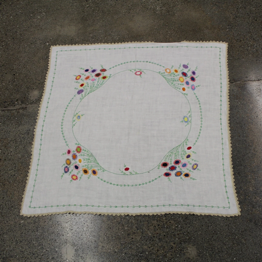Vintage Square Hand Embroidered Table Cloth With Crocheted Edge | V4817