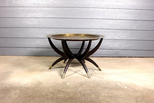 Vintage Brass Spider Style Coffee Table Folding Tray 30" Round Hollywood Regency Occasional Mid Century Retro Moroccan Scalloped Etched