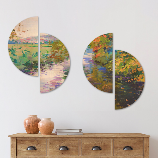 Designart 'Fall in Amazing Colors' Landscape Wood Wall Art Set of 4 Half Circles - Multi-Color