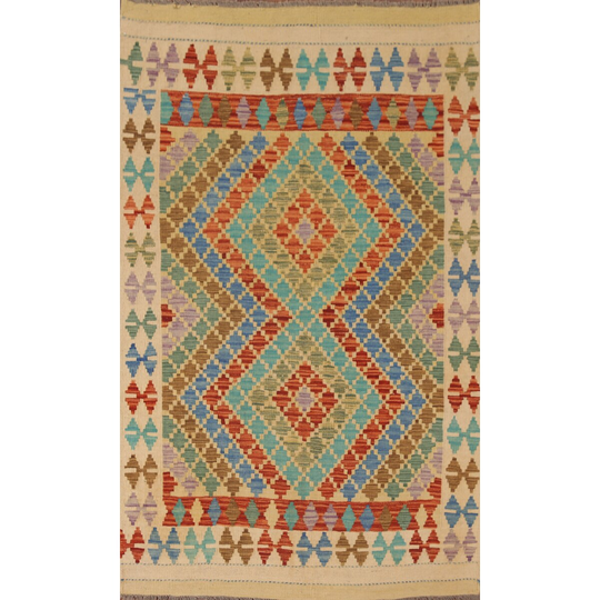 Colorful Kilim Reversible Area Rug Flat-weave Wool Foyer Carpet - 4'2" x 6'6"