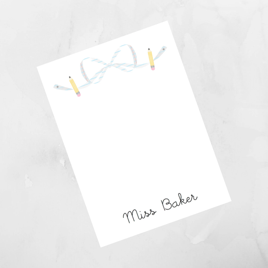 Watercolor Notebook Paper Bow & Pencil Teacher Notepad, Personalized To Do List, Gift, Back To School