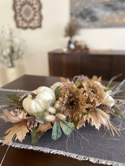 Fall Centerpiece For Dining Table in Brown Colors, Rustic Autumn Arrangement Wooden Tray Planter, Thanksgiving Decor With Cream Pumpkin