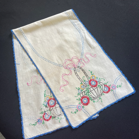 Vintage Off White Ecru Table Runner With Hand Embroidery Flower Baskets & Blue Crochet Trim