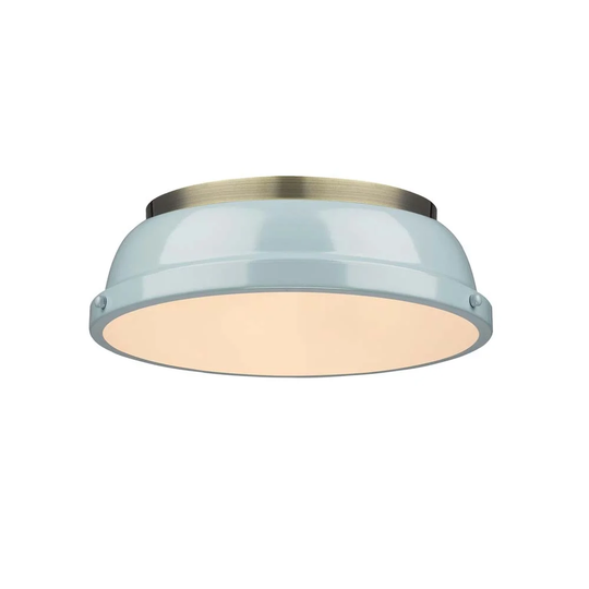 Golden Lighting Duncan Aged Brass/Seafoam Shade 14-inch Flush-mount Fixture