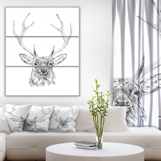 Designart 'Pencil Deer Sketch in Black and White' Animals Print on Wrapped Canvas set