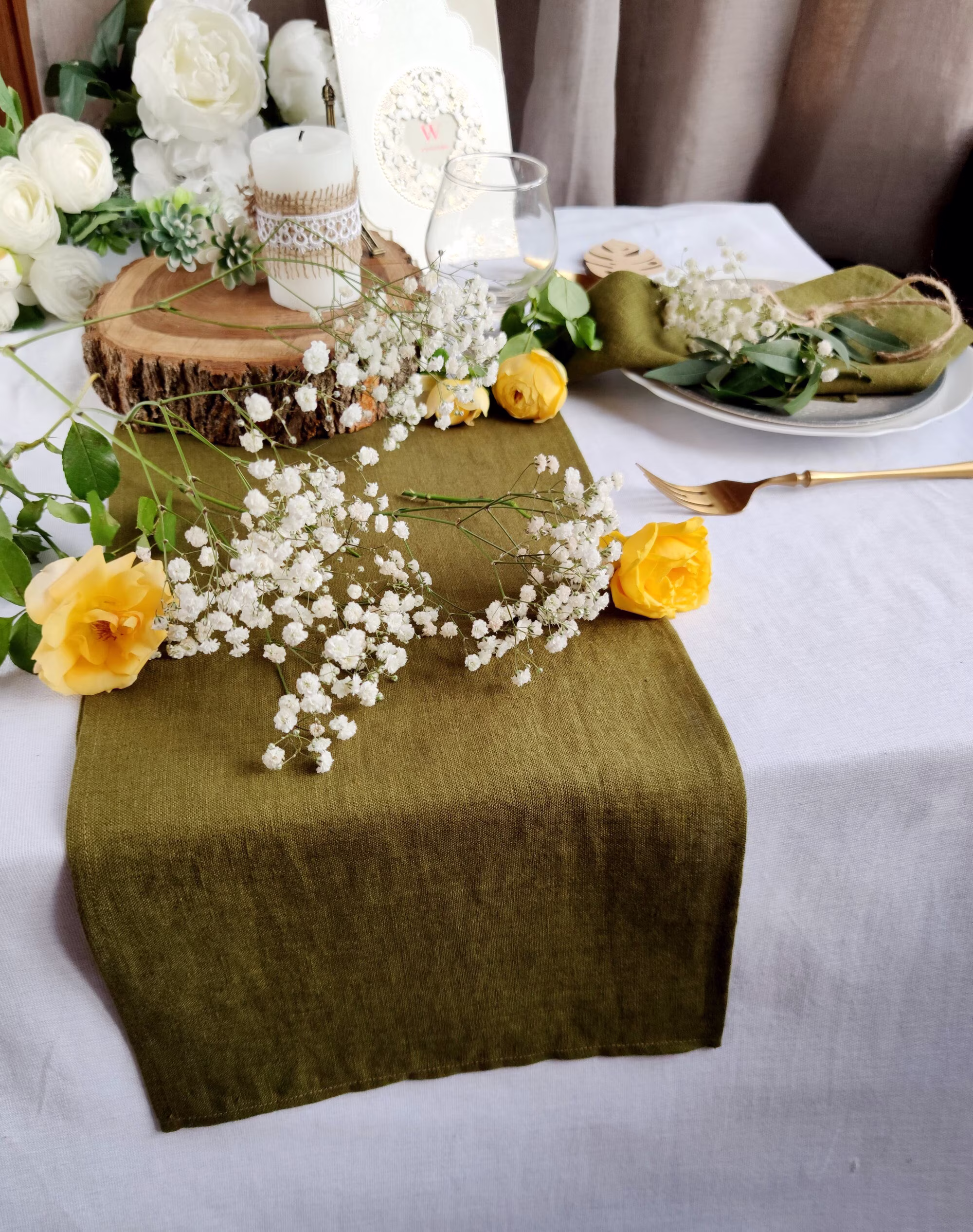 Olive Green Linen Table Runner, Rustic Wedding Long Runner. Boho Centerpiece
