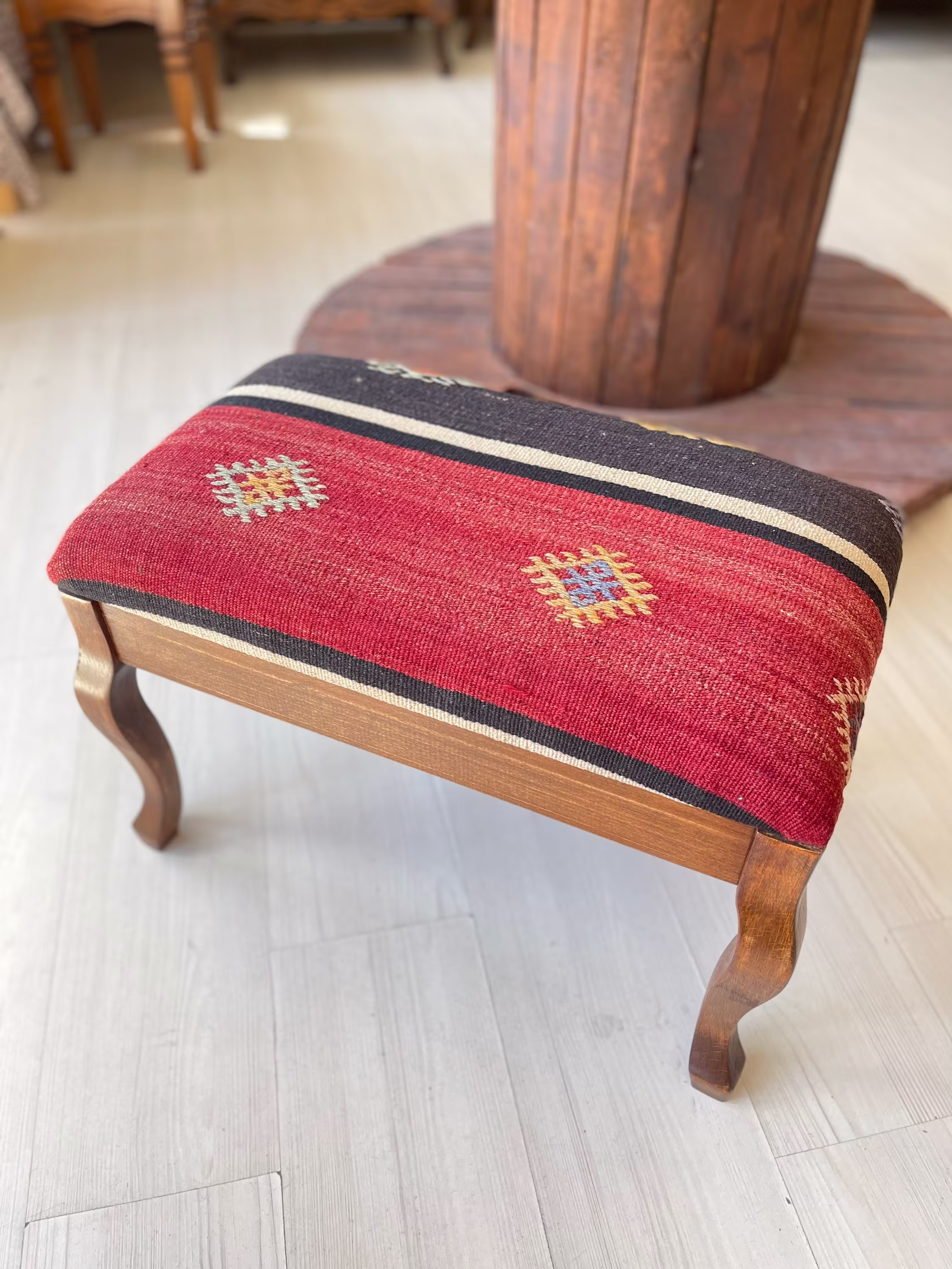 Kilim Ottoman Stool, Kilim Foot Rest, Beech Wood Vintage Furniture, Chair, Stool