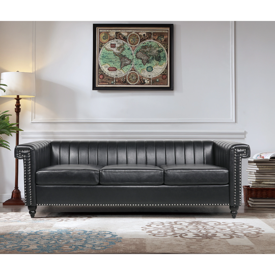 Three Seater Sofa Living Room Square Arms Sofa Furniture Removable Cushion with Inlaid Rivet Decoration and Solid Wood Legs