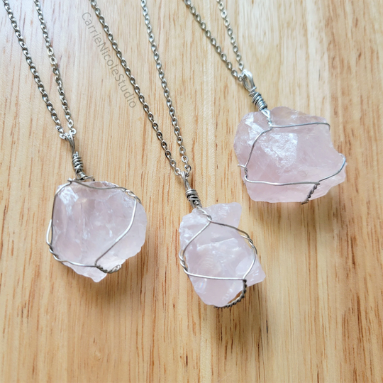 Chunky Raw Rose Quartz Crystal Necklace - Boho Wire Wrapped Pink Stone Pendant Healing Stainless Steel Or Silver Chain
