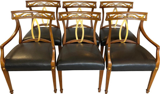 Regency Style Set Of 6 Dining Chairs With Black Leather Seats