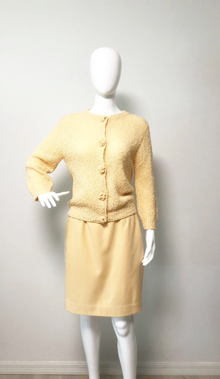 Vintage Buttery Yellow Pencil Skirt, Sweater Set, Sportempo, Straight Knit