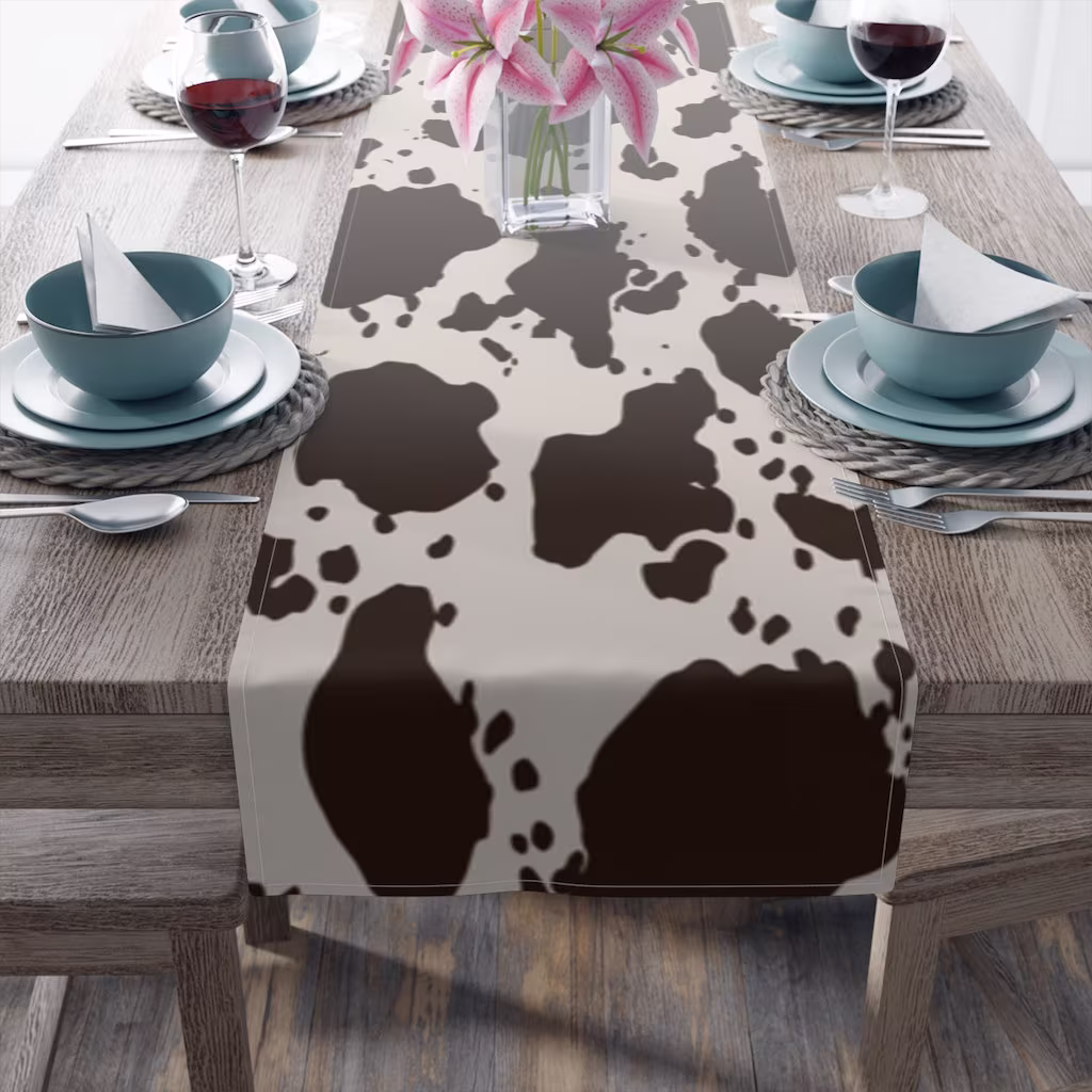 Cowhide Table Runner, Custom Designed Farmhouse Linen, Brown & White Cow Hide Print Tableware, 16x70, 16x90 Cotton, Poly Cover