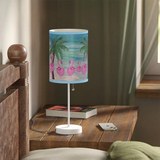 Flamingos & Palm Trees Coastal Table, Desk Or Bar Lamp On A Stand, With My Art. Us|Ca Plug. Great For Flamingo Lovers Gift Decoration