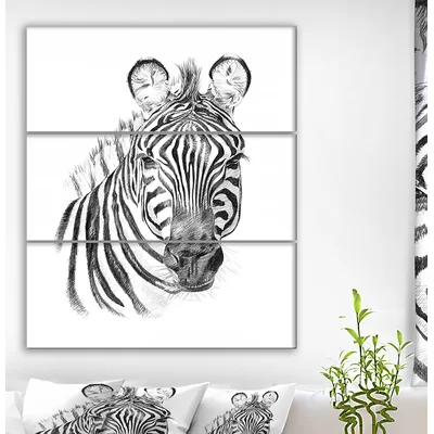 'Pencil Zebra Sketch in Black and White' Oil Painting Print Multi-Piece Image on Wrapped Canvas