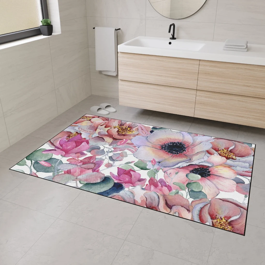 Boho Floral Floor Mat, Accent Indoor Outdoor Mat For Under Office Chair, Decorative Print