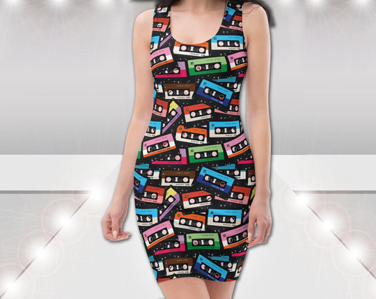 Retro #3 - Bodycon Pencil Tank Dress Cassette Tapes Pop Music Disco Motown 70S 80S 90S Rock N Roll Hot Cute Cocktail Party Gift