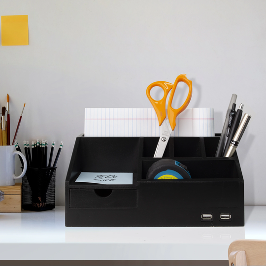 American Art Decor Black All-in-One USB charging Desk Organizer Caddy