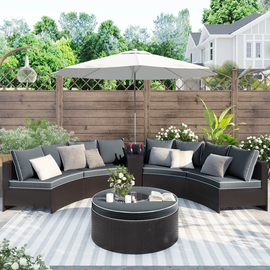 6 Pieces Outdoor Sectional Half Round Patio Rattan Sofa Set with Storage Side Table for Umbrella and Multifunctional Table